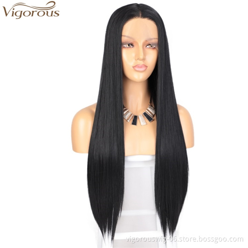 Vigorous Top Quality High Temperature Long Silky Straight Black Wigs Middle Part Lace Frontal Wigs For White Women Wholesale